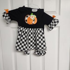 Rare Editions Black and White Romper with Pumpkin Design